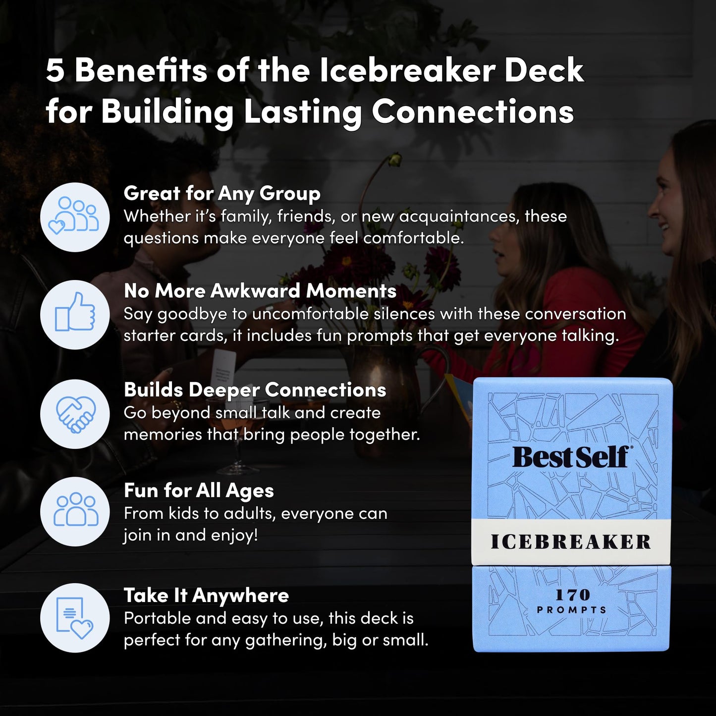 BestSelf Icebreaker Card Deck β 170 Conversation Starters to Spark Meaningful Connections | Ice Breaker Game for Adults, Friends & Couples | Date Night, Team Building & Family Card Game