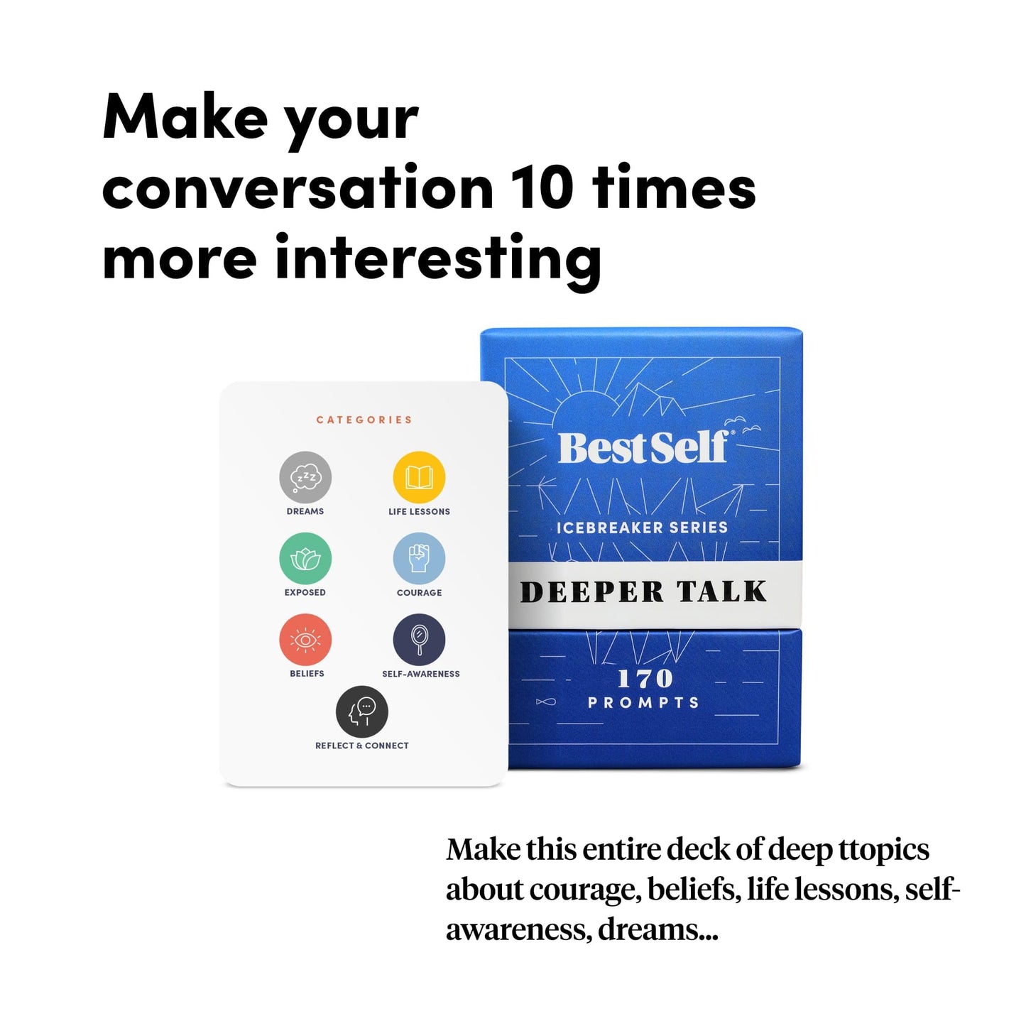 BestSelf Icebreaker Deeper Talk Deck - Conversation Starter Card Pack to Deepen Friendships with 170 Prompts to Create Real Conversations for Friends, Coworkers, Family, Dates