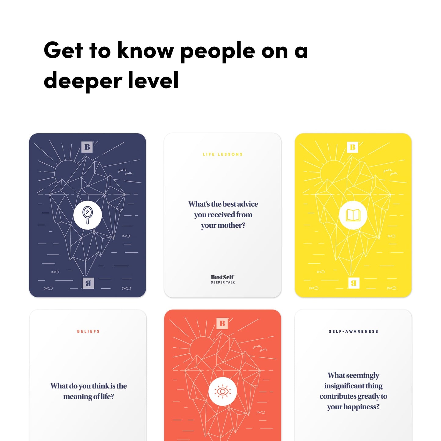BestSelf Icebreaker Deeper Talk Deck - Conversation Starter Card Pack to Deepen Friendships with 170 Prompts to Create Real Conversations for Friends, Coworkers, Family, Dates